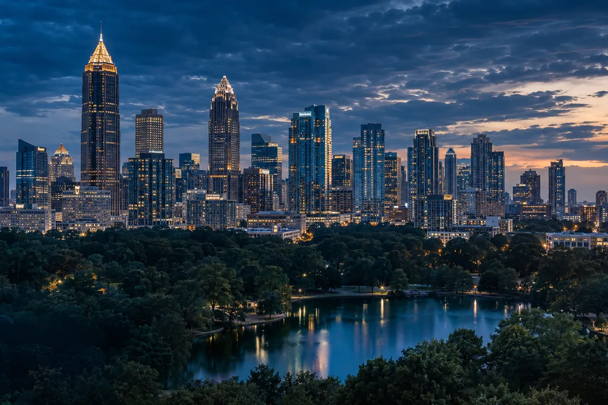 The Atlanta skyline at dusk, seen across Piedmont Park