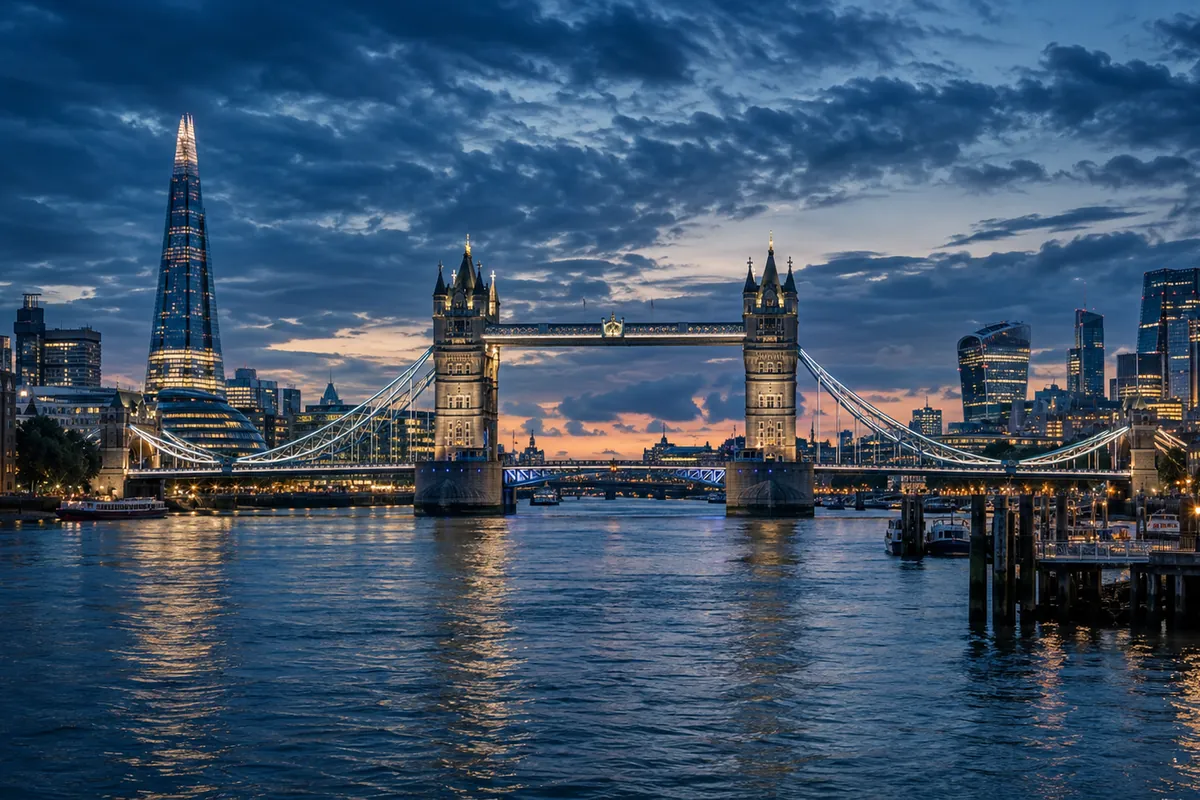 Tower Bridge and the City of London skyline at dusk