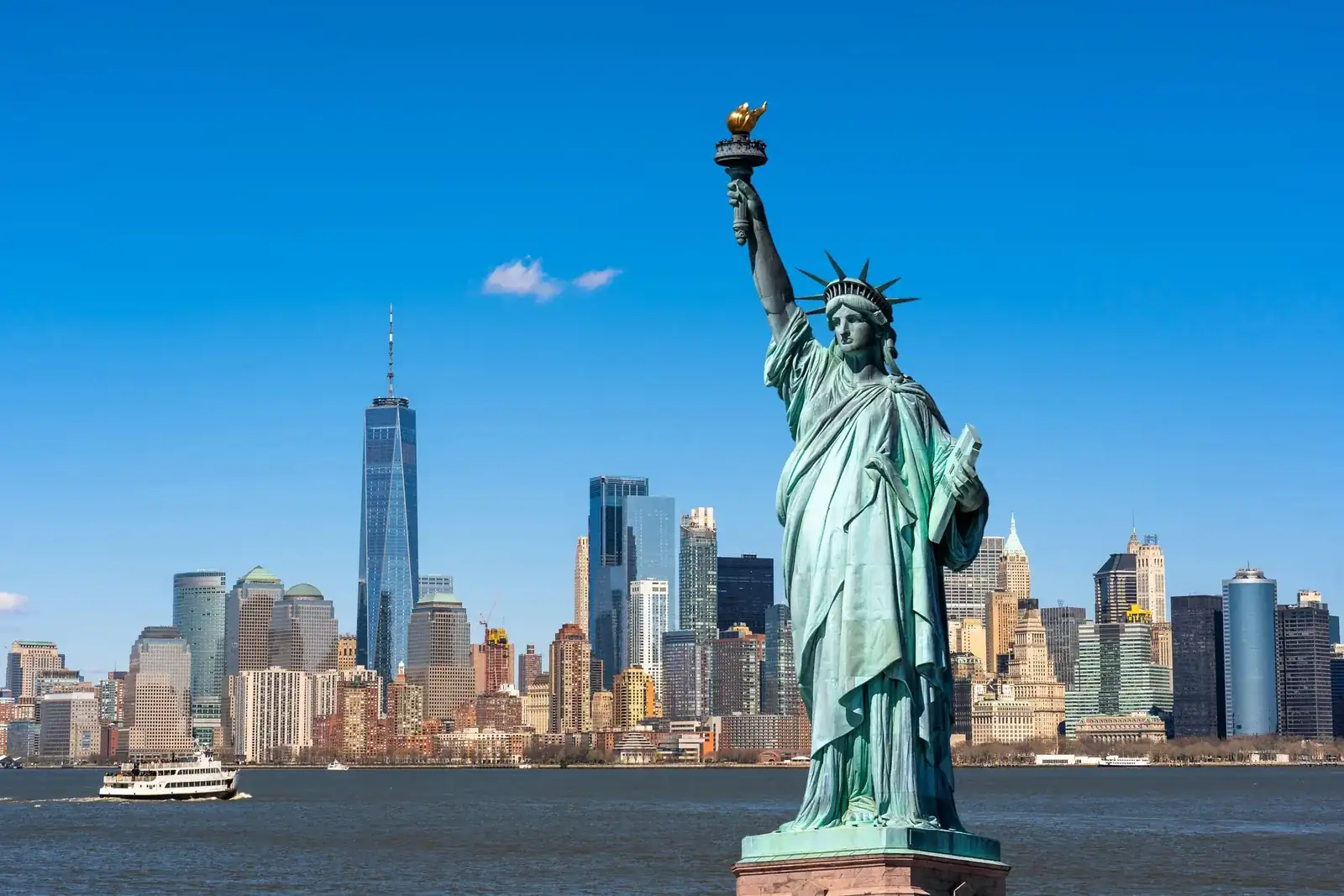 The Statue of Liberty with lower Manhattan behind it